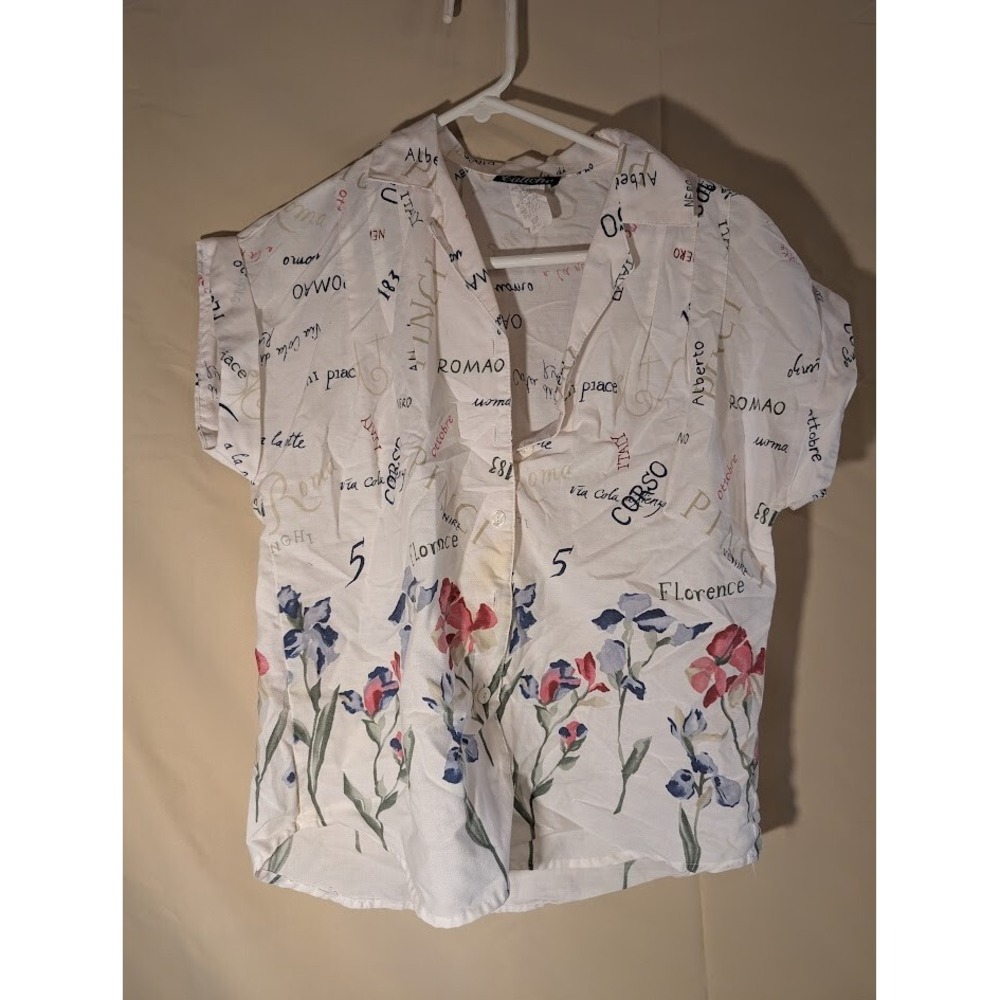 Caliche Floral Script Print‎ Short Sleeve Button Shirt Medium USA
